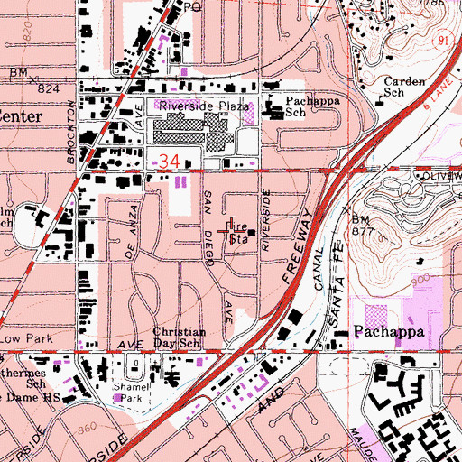 Topographic Map of Riverside Fire Department Station 3 Magnolia Center - Midtown, CA