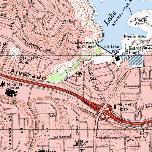Topographic Map of First Baptist Church of Del Cerro, CA