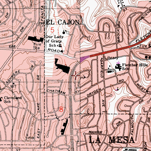Topographic Map of Fletcher Hills Presbyterian Church, CA