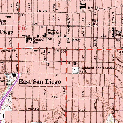 Topographic Map of City Heights-Weingart Branch San Diego City Library, CA