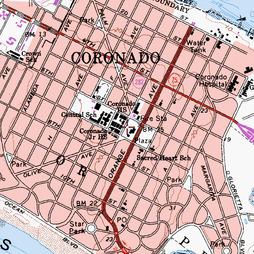Topographic Map of Coronado City Public Library, CA