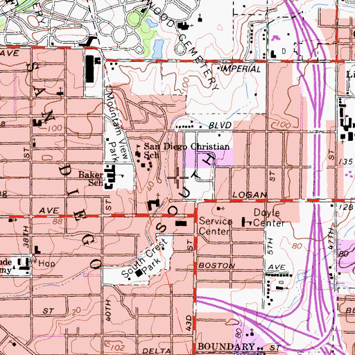 Topographic Map of Mountain View-Beckworth Branch San Diego City Public Library, CA