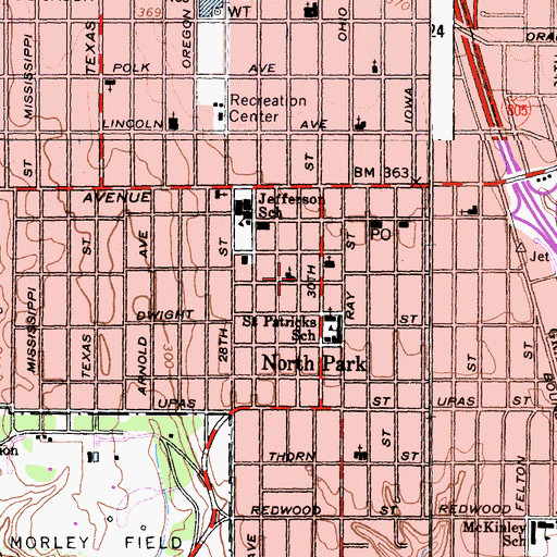 Topographic Map of North Park Advent Community Church Youth Zone, CA