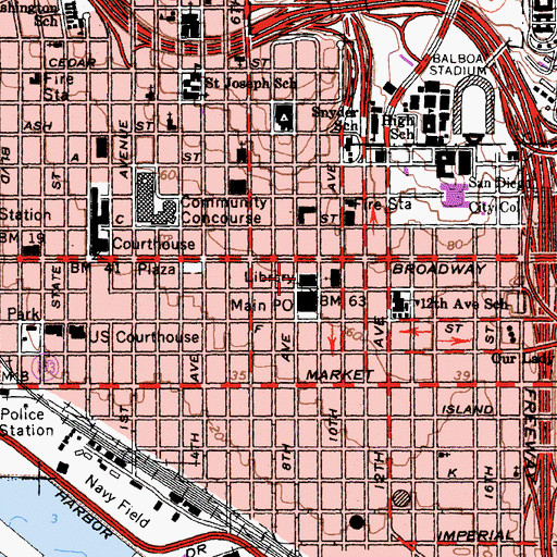 Topographic Map of San Diego City Public Library, CA