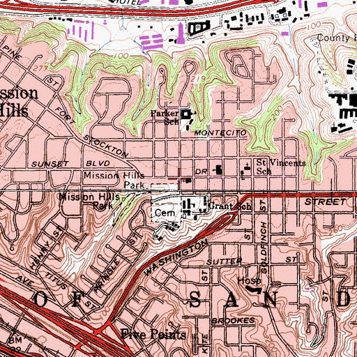 Topographic Map of Mission Hills United Methodist Church, CA