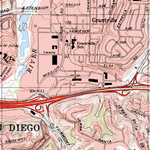 Topographic Map of Mission Valley Church of the Nazarene, CA