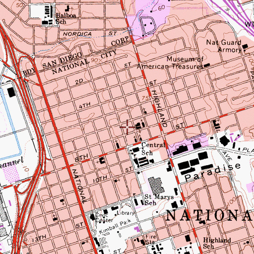 Topographic Map of Primera Iglesia Bautista de National City, CA