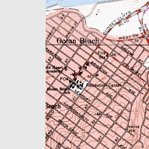 Topographic Map of Sacred Heart Church of Ocean Beach, CA