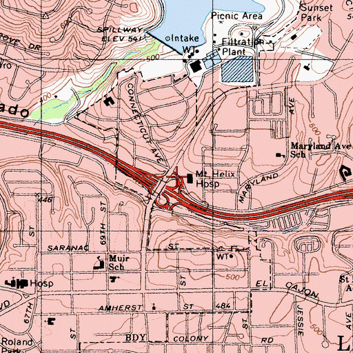 Topographic Map of Alvarado Parkway Institute Behavioral Health System, CA