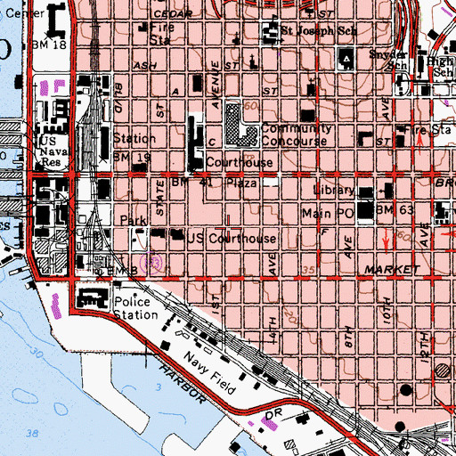 Topographic Map of Horton Plaza Shopping Center, CA