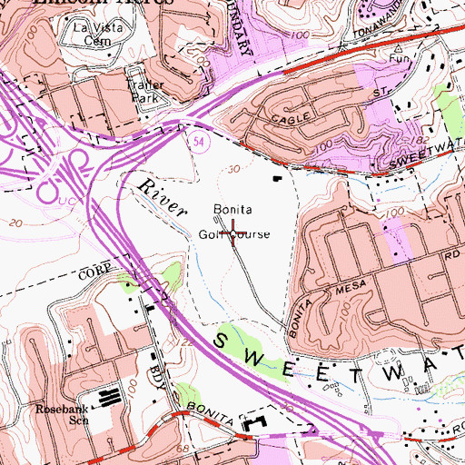 Topographic Map of Plaza Bonita Westfield Shopping Center, CA