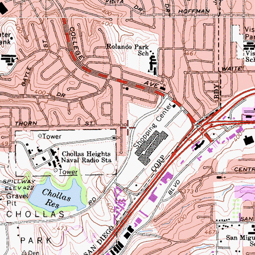 Topographic Map of College Grove Center Post Office, CA