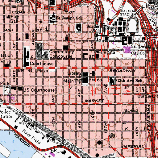 Topographic Map of Downtown San Diego Post Office, CA