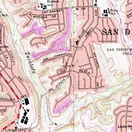 Topographic Map of Kingdom Hall of Jehovahs Witnesses Clairemont Unit, CA