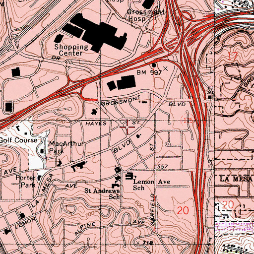 Topographic Map of La Mesa First Assembly of God Church, CA