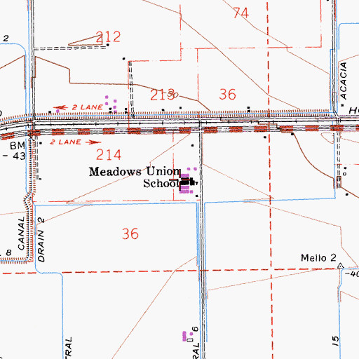 Topographic Map of Meadows Union Elementary School, CA