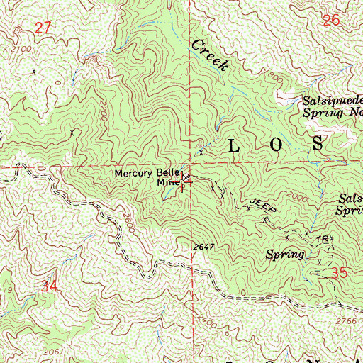 Topographic Map of Mercury Belle Mine, CA