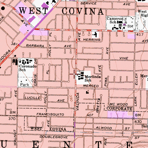 Topographic Map of Merlinda Elementary School, CA