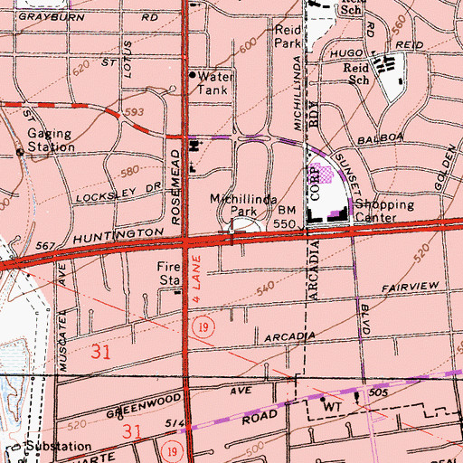 Topographic Map of Michillinda Park, CA