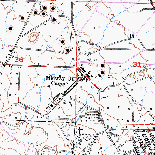 Topographic Map of Midway Oil Camp, CA