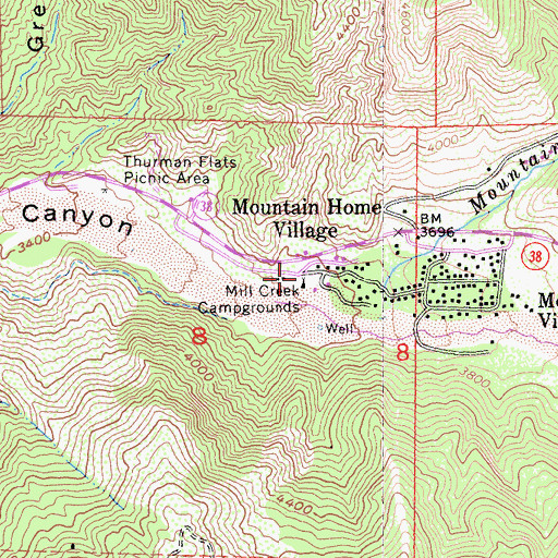Topographic Map of Mill Creek Campgrounds, CA