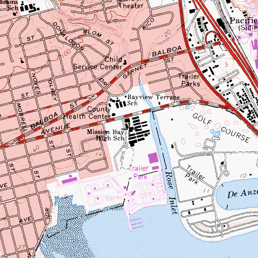 Topographic Map of Mission Bay Senior High School, CA