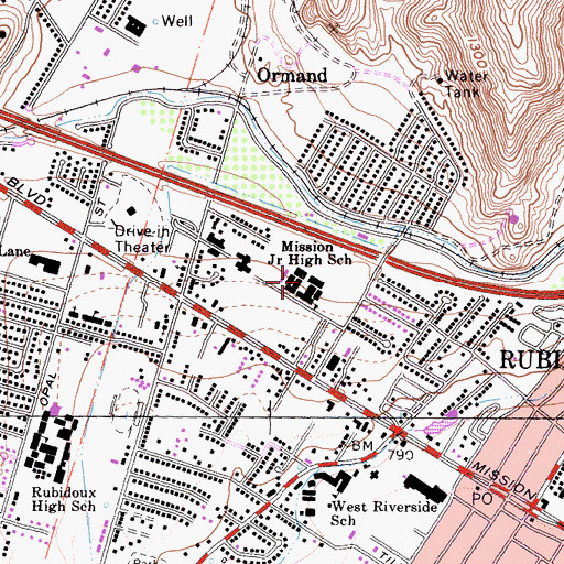 Topographic Map of Mission Middle School, CA