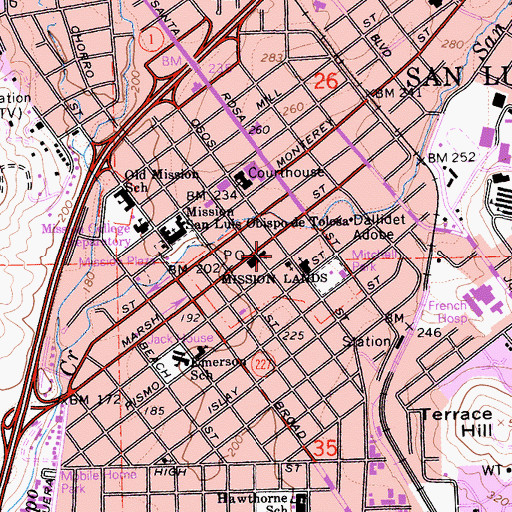 Topographic Map of Mission Lands, CA