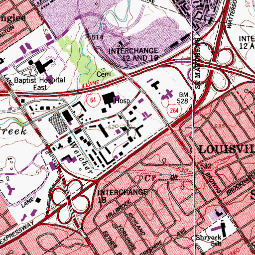 Topographic Map of East End Health South Surgicenter of Louisiville, KY