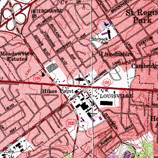 Topographic Map of Hikes Point Plaza Shopping Center, KY