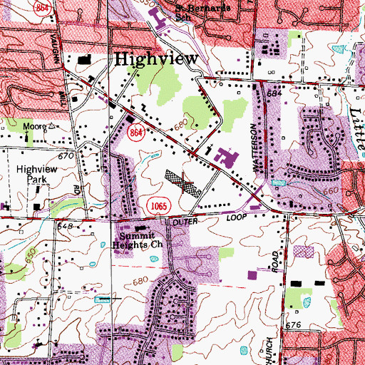 Topographic Map of Outer Loop Plaza Shopping Center, KY