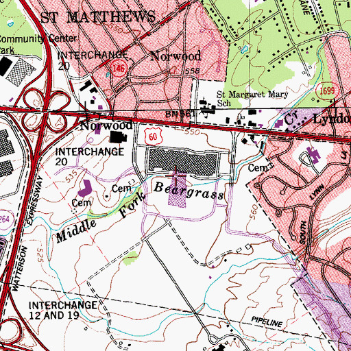 Topographic Map of Oxmoor Center Shopping Center, KY