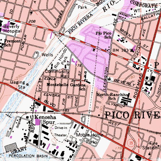 Topographic Map of Montebello Gardens Elementary School, CA