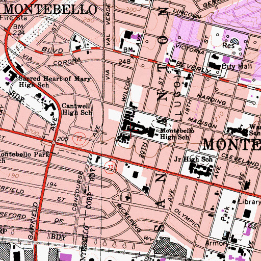 Topographic Map of Montebello High School, CA