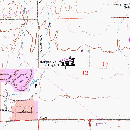 Topographic Map of Moreno Valley High School, CA