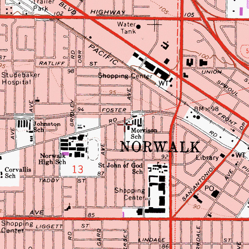 Topographic Map of Julia B Morrison Elementary School, CA