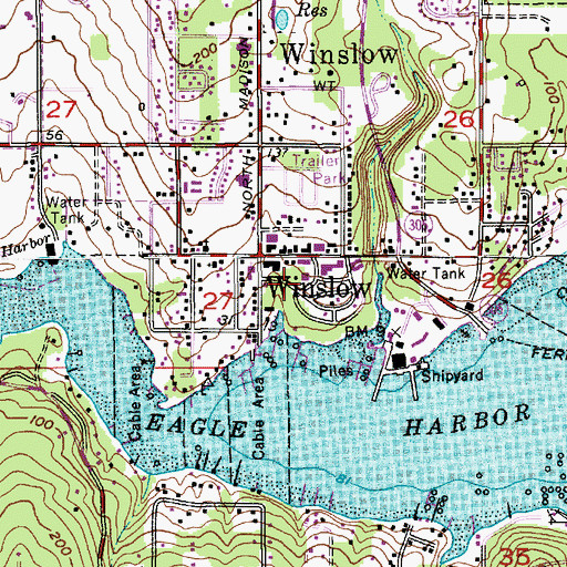 Topographic Map of Bainbridge Island Post Office, WA