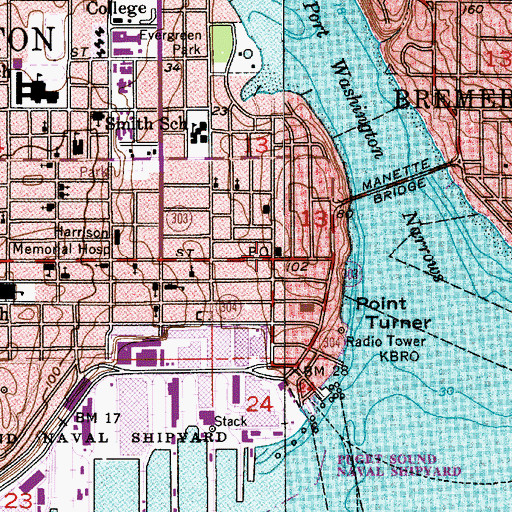 Topographic Map of Bremerton Post Office, WA