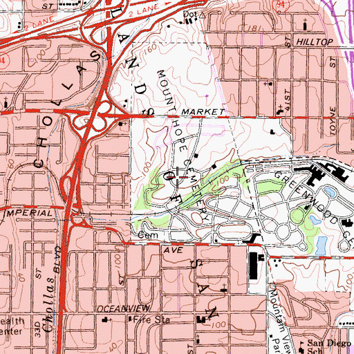 Topographic Map of Mount Hope Cemetery, CA