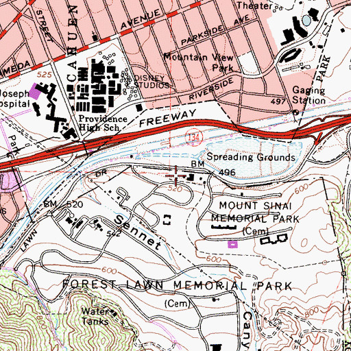 Topographic Map of Mount Sinai Memorial Park, CA