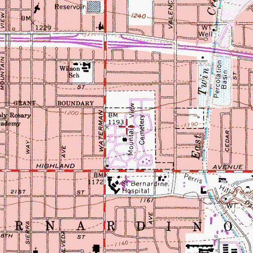 Topographic Map of Mountain View Cemetery, CA