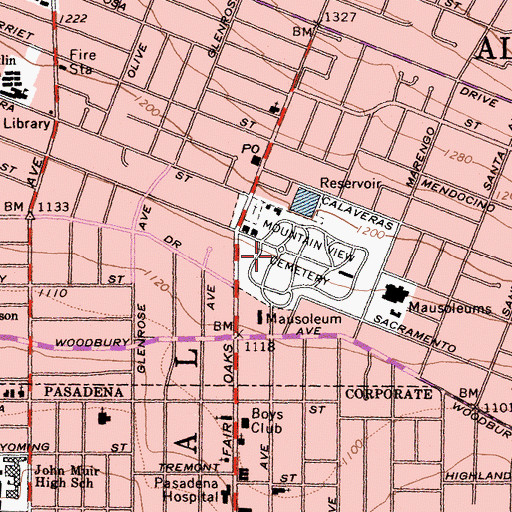 Topographic Map of Mountain View Cemetery and Mausoleum, CA