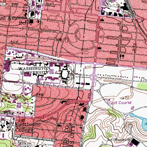 Topographic Map of Washington University Hilltop Campus Historic District, MO
