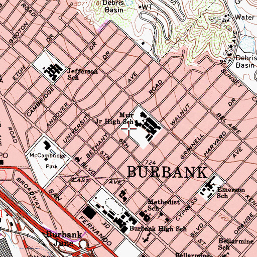 Topographic Map of John Muir Middle School, CA