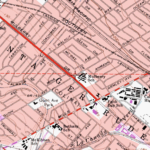 Topographic Map of Mulberry Elementary School, CA