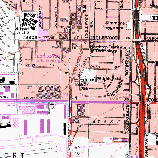Topographic Map of Ninety-Eighth Street Elementary School, CA