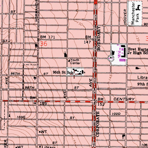 Topographic Map of Ninety-Fifth Street Elementary School, CA