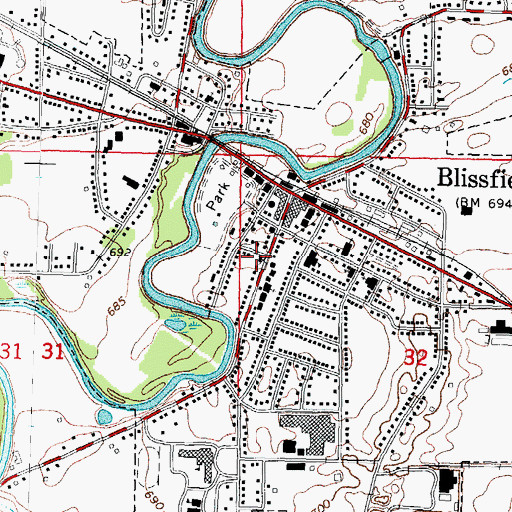 Topographic Map of Blissfield Post Office, MI