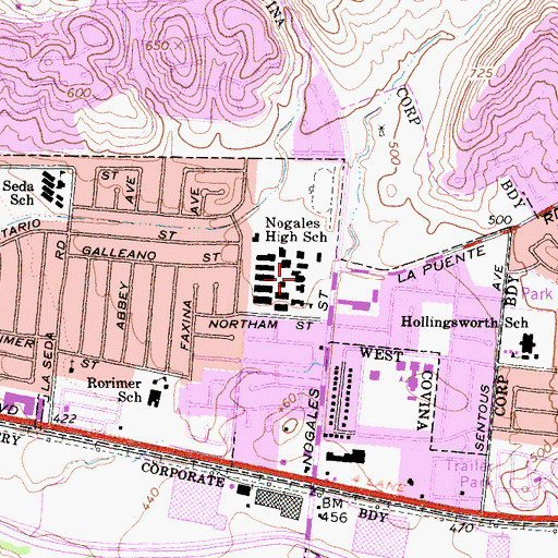 Topographic Map of Nogales High School, CA