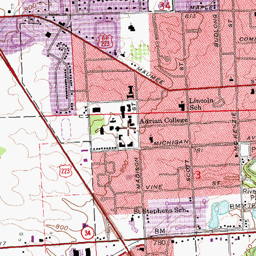Topographic Map of Adrian College Historical Marker, MI